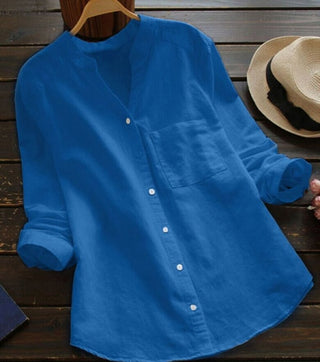 Seraphina | Women's Cotton Linen Blouse with ¾ Sleeves and V-Neck Button-Down Design