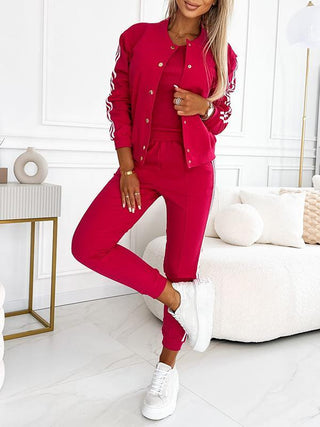 Friah | Women’s Striped Three Piece Set with Sleeveless Top Jacket and Pants