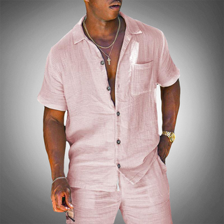Percival | Men’s Solid Linen Tracksuit Set with Short Sleeve Lapel Button Shirt and Shorts
