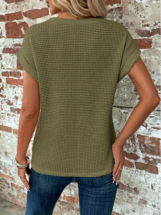 Laifa | Women’s Waffle Knit Pullover Top with Batwing Sleeves and Cross-Wrap Front Hem Design