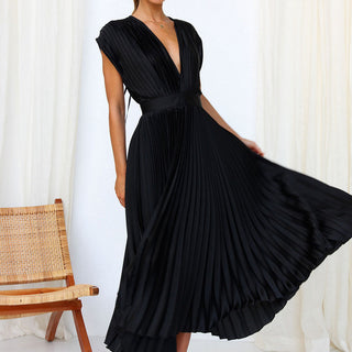 Marga | Women's Elegant Draped V-Neck Dress with Pleated A-Line Skirt