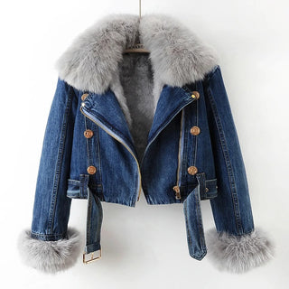 Thalassa | Women’s Cropped Denim Jacket with Shaggy Fur Collar
