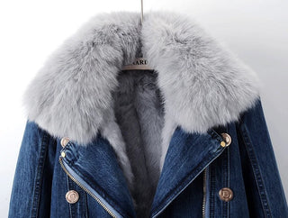 Thalassa | Women’s Cropped Denim Jacket with Shaggy Fur Collar