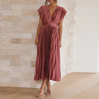 Marga | Women's Elegant Draped V-Neck Dress with Pleated A-Line Skirt