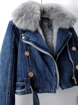 Thalassa | Women’s Cropped Denim Jacket with Shaggy Fur Collar