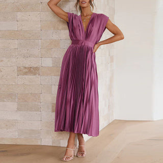 Marga | Women's Elegant Draped V-Neck Dress with Pleated A-Line Skirt