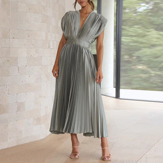 Marga | Women's Elegant Draped V-Neck Dress with Pleated A-Line Skirt
