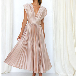 Marga | Women's Elegant Draped V-Neck Dress with Pleated A-Line Skirt