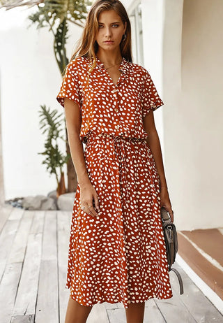 Galina | Polka Dot Midi Dress for Women with Short Sleeves and Tie-Waist V-Neck