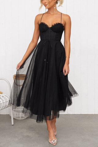 Eulla | Women's Summer Corset Midi Dress with Tulle Skirt and Spaghetti Straps