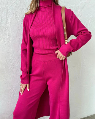 Dara | Women’s 3 Piece Outfit Set with Open Front Cardigan, Sleeveless Ribbed Turtleneck Top and Wide Leg Pants