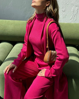 Dara | Women’s 3 Piece Outfit Set with Open Front Cardigan, Sleeveless Ribbed Turtleneck Top and Wide Leg Pants