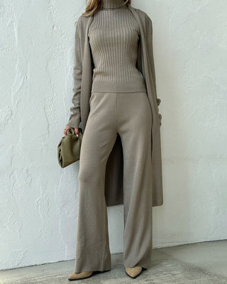 Dara | Women’s 3 Piece Outfit Set with Open Front Cardigan, Sleeveless Ribbed Turtleneck Top and Wide Leg Pants