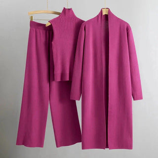Dara | Women’s 3 Piece Outfit Set with Open Front Cardigan, Sleeveless Ribbed Turtleneck Top and Wide Leg Pants