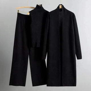 Dara | Women’s 3 Piece Outfit Set with Open Front Cardigan, Sleeveless Ribbed Turtleneck Top and Wide Leg Pants