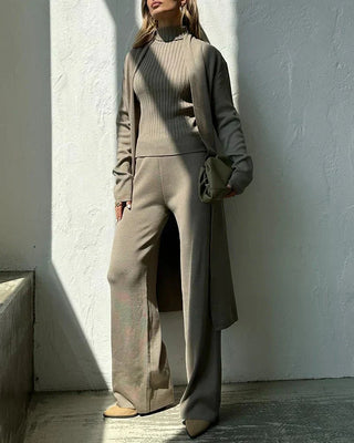 Dara | Women’s 3 Piece Outfit Set with Open Front Cardigan, Sleeveless Ribbed Turtleneck Top and Wide Leg Pants