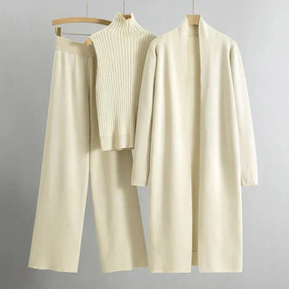 Dara | Women’s 3 Piece Outfit Set with Open Front Cardigan, Sleeveless Ribbed Turtleneck Top and Wide Leg Pants