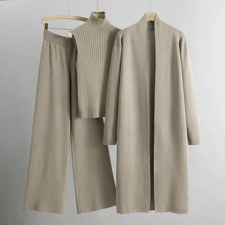 Dara | Women’s 3 Piece Outfit Set with Open Front Cardigan, Sleeveless Ribbed Turtleneck Top and Wide Leg Pants