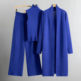 Dara | Women’s 3 Piece Outfit Set with Open Front Cardigan, Sleeveless Ribbed Turtleneck Top and Wide Leg Pants
