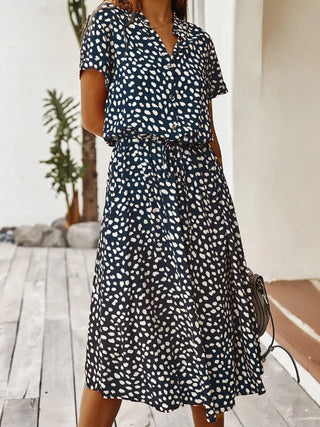 Galina | Polka Dot Midi Dress for Women with Short Sleeves and Tie-Waist V-Neck