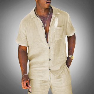 Percival | Men’s Solid Linen Tracksuit Set with Short Sleeve Lapel Button Shirt and Shorts