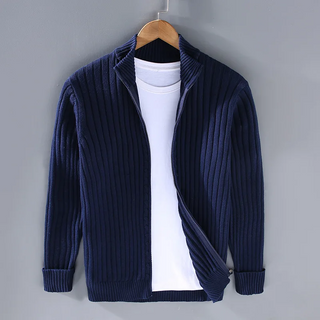 Fenwick | Men's Ribbed Knit Cardigan with Stand Collar and Full Zipper Closure