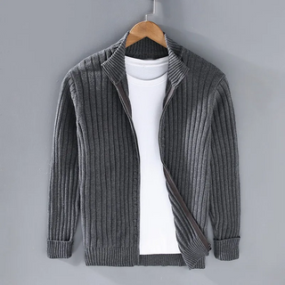 Fenwick | Men's Ribbed Knit Cardigan with Stand Collar and Full Zipper Closure