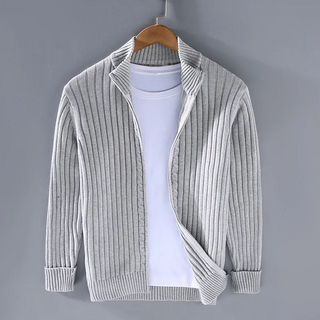 Fenwick | Men's Ribbed Knit Cardigan with Stand Collar and Full Zipper Closure