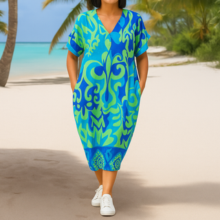 Andres | Women's Flowy Baroque Print V-Neck Dress with Short Sleeves