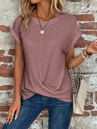 Laifa | Women’s Waffle Knit Pullover Top with Batwing Sleeves and Cross-Wrap Front Hem Design