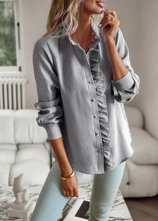Senia | Ruffle-Trim Long-Sleeve Blouse with Button-Down Front and Comfortable Fit for Women