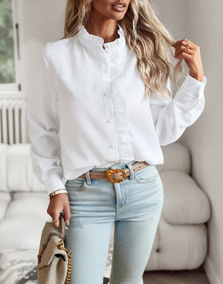 Senia | Ruffle-Trim Long-Sleeve Blouse with Button-Down Front and Comfortable Fit for Women