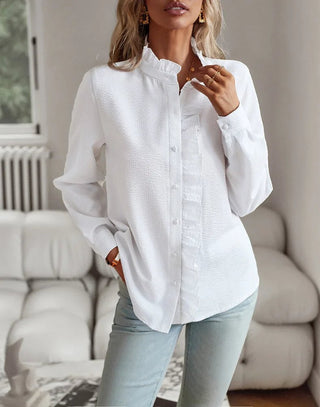 Senia | Ruffle-Trim Long-Sleeve Blouse with Button-Down Front and Comfortable Fit for Women