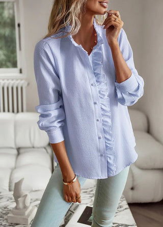 Senia | Ruffle-Trim Long-Sleeve Blouse with Button-Down Front and Comfortable Fit for Women