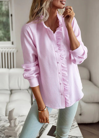 Senia | Ruffle-Trim Long-Sleeve Blouse with Button-Down Front and Comfortable Fit for Women