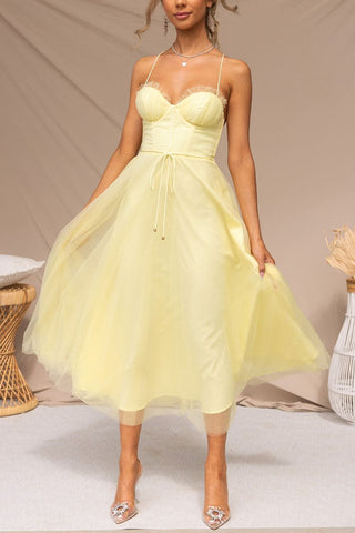 Eulla | Women's Summer Corset Midi Dress with Tulle Skirt and Spaghetti Straps