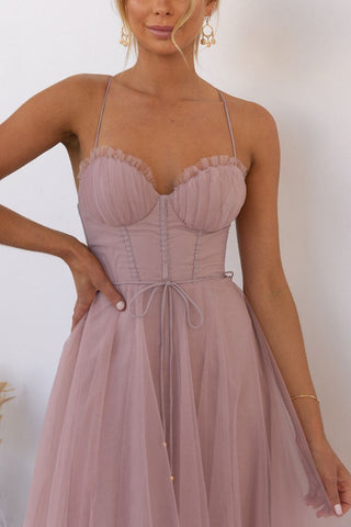 Eulla | Women's Summer Corset Midi Dress with Tulle Skirt and Spaghetti Straps
