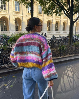 Georgina | Colorful Fuzzy Oversized Patchwork Knit Cardigan with Puff Sleeves for Women