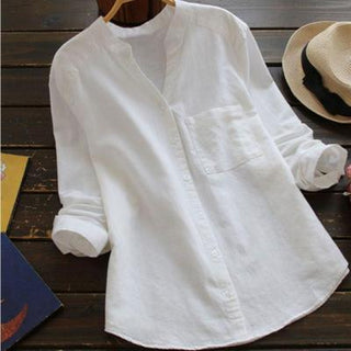 Belle | Women’s Long-Sleeved Button-Down Shirt with V-Neck Band Collar Design
