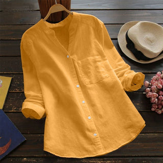 Belle | Women’s Long-Sleeved Button-Down Shirt with V-Neck Band Collar Design