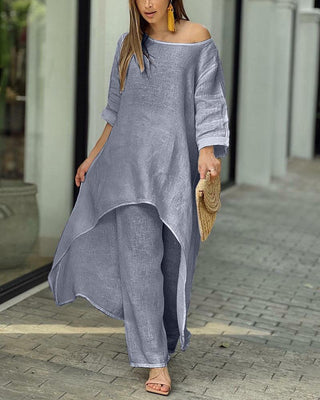 Amelina | Women’s Two-Piece Set with Long-Line Irregular-Hem Blouse and Wide-Leg Trousers