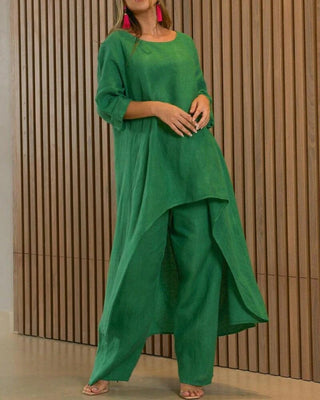 Amelina | Women’s Two-Piece Set with Long-Line Irregular-Hem Blouse and Wide-Leg Trousers