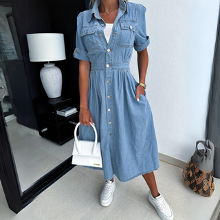 Sofia | Women’s Denim Button-Down Midi Shirt Dress with Elastic Waist