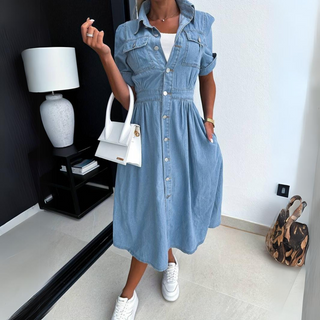 Sofia | Women’s Denim Button-Down Midi Shirt Dress with Elastic Waist