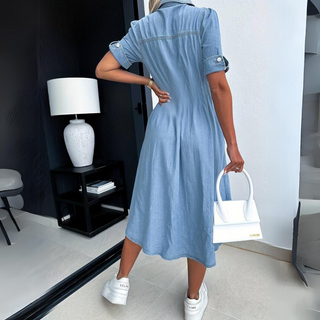 Sofia | Women’s Denim Button-Down Midi Shirt Dress with Elastic Waist
