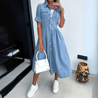 Sofia | Women’s Denim Button-Down Midi Shirt Dress with Elastic Waist