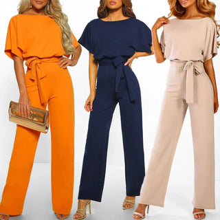 Ulrica | Short Sleeve Jumpsuit with Tie Waist and Straight-Leg Design for Women