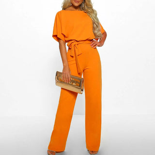 Ulrica | Short Sleeve Jumpsuit with Tie Waist and Straight-Leg Design for Women