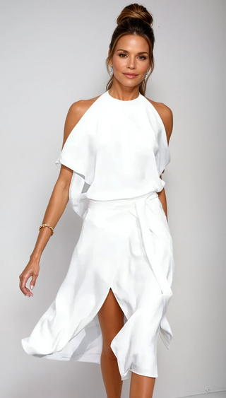 Victoria | Women's Off Shoulder Halter Dress with Belt and Slit