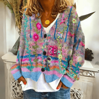 Madie | Colorful Knitted V Neck Cardigan for Women with Floral and Abstract Pattern